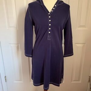 J.CREW Hooded Knit Tunic Dress Navy Button Henley 3/4 Sleeve Knee Length Size M